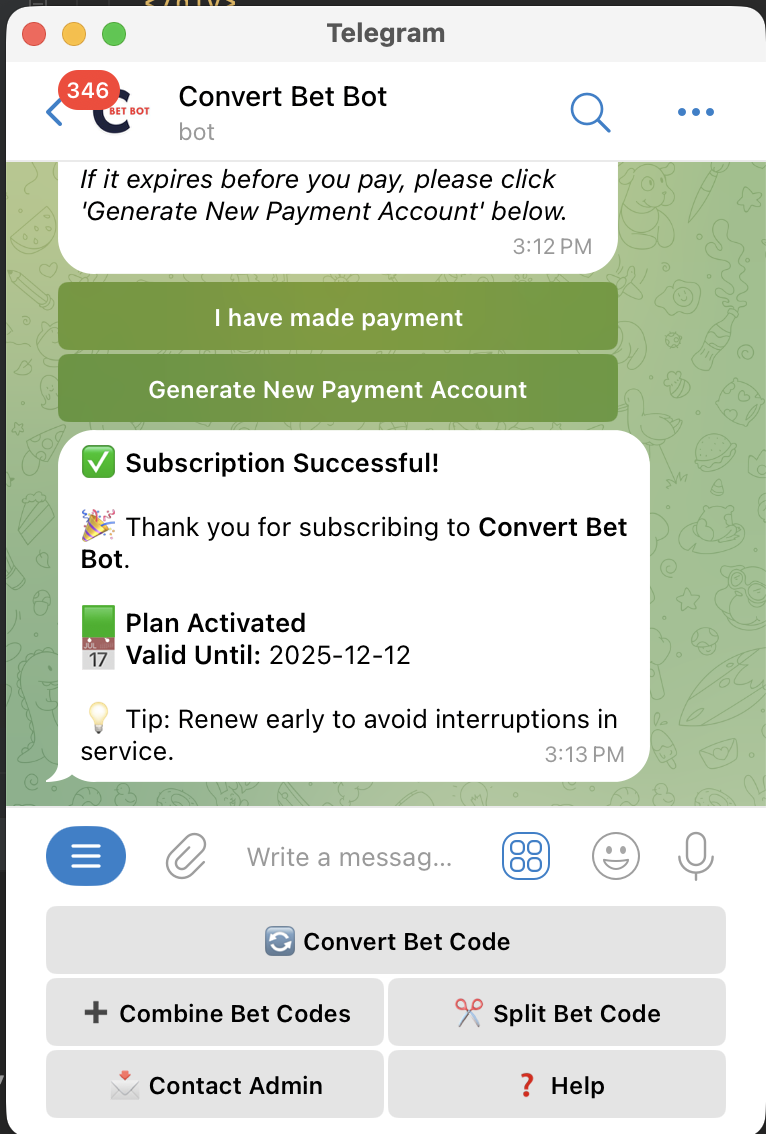 Convert Bet Bot welcome message on Telegram