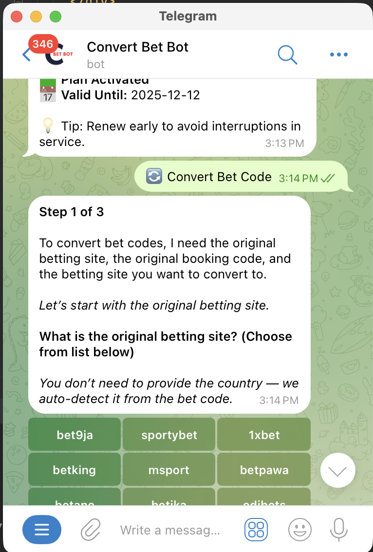 Convert Bet Bot interaction flow on Telegram